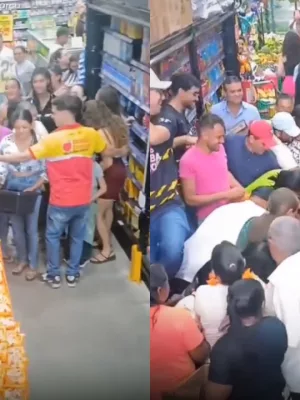 Dezenas de pessoas se aglomeram e disputam o estoque de miojo, que se esgota em poucos minutos em Campos Sales
