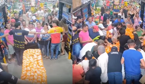 Dezenas de pessoas se aglomeram e disputam o estoque de miojo, que se esgota em poucos minutos em Campos Sales