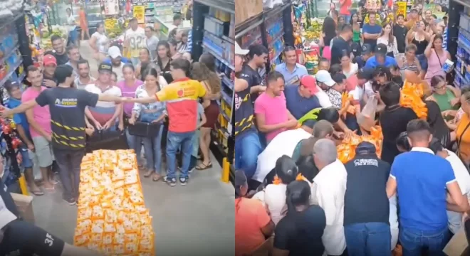 Dezenas de pessoas se aglomeram e disputam o estoque de miojo, que se esgota em poucos minutos em Campos Sales