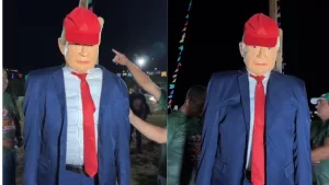 Boneco de Donald Trump, como o Judas Iscariotes 2026, na tradicional Festa dos Caretas, em Jardim.