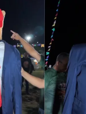 Boneco de Donald Trump, como o Judas Iscariotes 2026, na tradicional Festa dos Caretas, em Jardim.