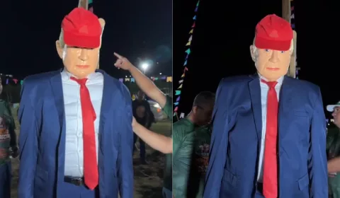 Boneco de Donald Trump, como o Judas Iscariotes 2026, na tradicional Festa dos Caretas, em Jardim.
