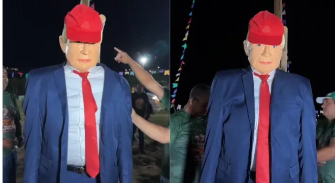Boneco de Donald Trump, como o Judas Iscariotes 2026, na tradicional Festa dos Caretas, em Jardim.