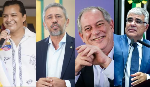 Jarir Pereira, Elmano de Freitas, Ciro Gomes e Eduardo Girão. As fotos estão em uma montagem, apenas para ilustrar a matéria sobre a pesquisa eleitoral para o governo do Ceará.