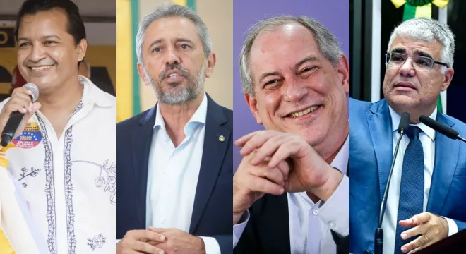 Jarir Pereira, Elmano de Freitas, Ciro Gomes e Eduardo Girão. As fotos estão em uma montagem, apenas para ilustrar a matéria sobre a pesquisa eleitoral para o governo do Ceará.