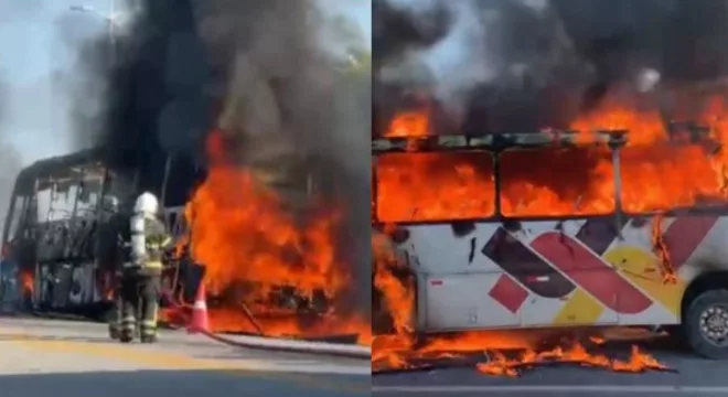 Ônibus com estudantes pega fogo em Forquilha; não houve feridos